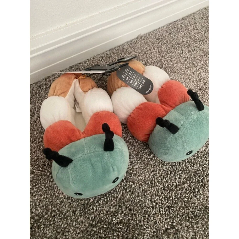 Cute Plush Caterpillar Slippers - Teal & Coralo size 6 girl kid brand new